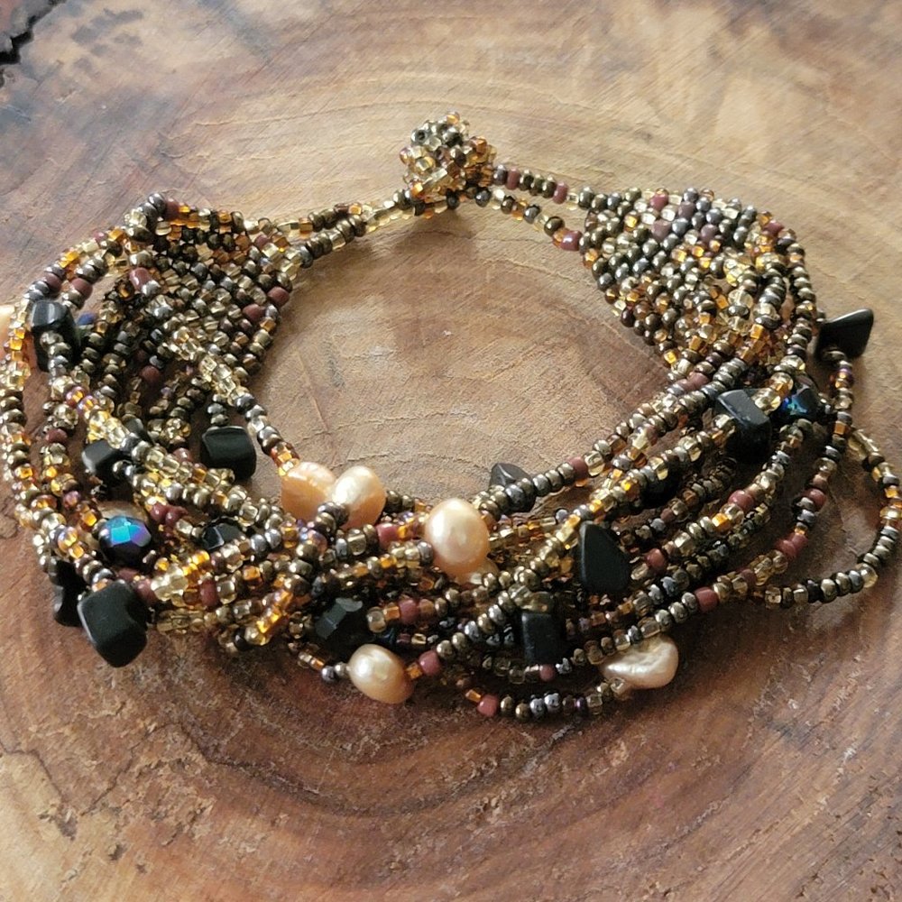 Beaded Statement bracelet with real dyed pearls
